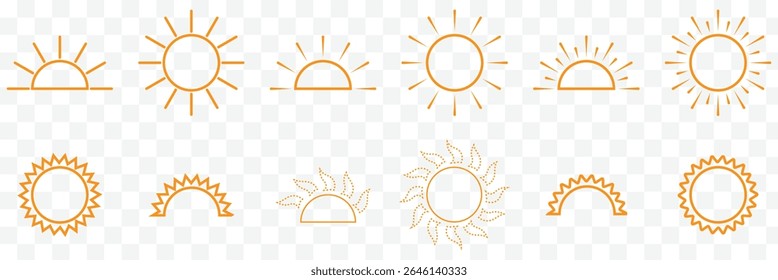 conjunto de ícone do sol, luz solar e brilho solar, nascer ou pôr do sol. Círculo decorativo cheio e meio sol e luz solar. Energia solar quente para bronzeado. Vetor EPS 10