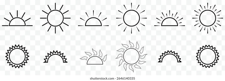 sun icon set, sunshine and solar glow, sunrise or sunset. Decorative circle full and half sun and sunlight. Hot solar energy for tan. Vector EPS 10