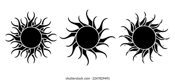 Conjunto de iconos de Sun. Sunshine, símbolos negros con luz solar. Ilustración vectorial aislada en fondo blanco.