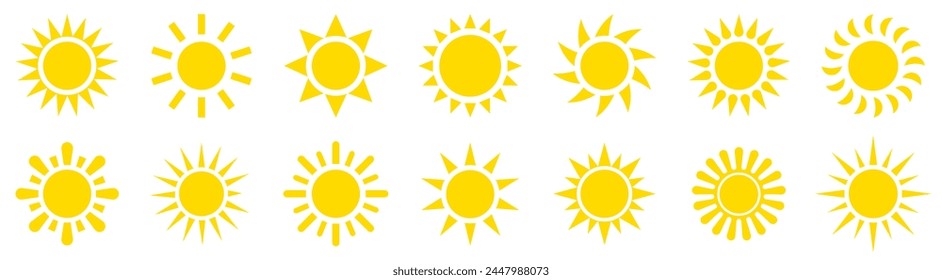 Sun icon set. Sunshine, sunset ,summer, sunlight collection. Yellow sun star icons collection. Abstract art. Vector illustration