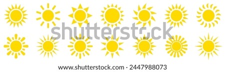 Sun icon set. Sunshine, sunset ,summer, sunlight collection. Yellow sun star icons collection. Abstract art. Vector illustration