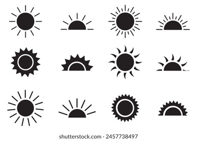 Sun icon set, Sun symbol vector, black suns star icons collection. Summer, sunlight, nature, sky sunset