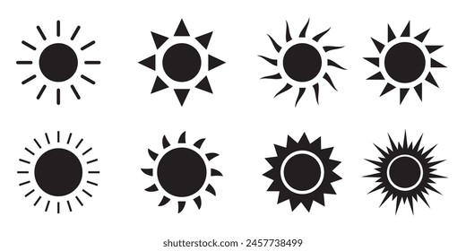 Conjunto de iconos de sol, Vector de símbolos de sol, colección de iconos de estrella de sol negro. Verano, luz del sol, naturaleza, puesta del sol del cielo