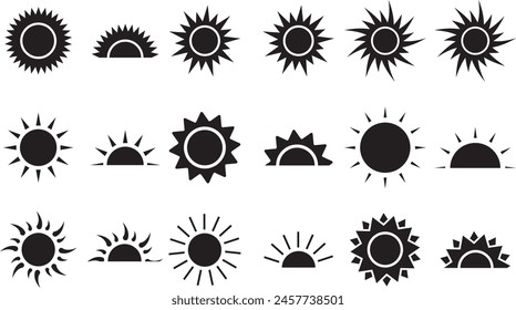 Sun icon set, Sun symbol vector, black suns star icons collection. Summer, sunlight, nature, sky sunset