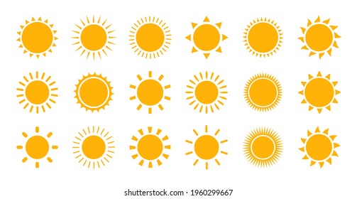 Sun icon set for use in weather apps or as logos. Vector yellow sun icons collection. Sunlight, sky, nature, summer.