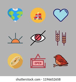 sun icon set. vector set about earth globe, wheat, truck and open icons set.