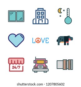 sun icon set. vector set about heart, building, love and open icons set.