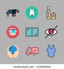 sun icon set. vector set about hippopotamus, swimsuit, bus and blind icons set.