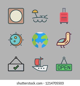 sun icon set. vector set about open, bird, beach and suitcase icons set.