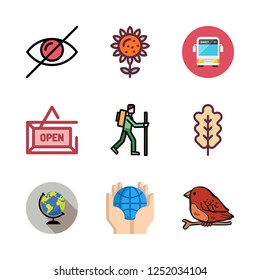 sun icon set. vector set about oak leaf, hiker, earth globe and sunflower icons set.