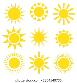 Sun icon set. Vector flat design. Collection of sun stars for use in as logo or weather icon.