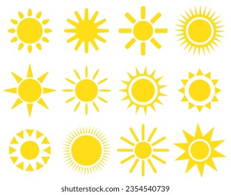 Sun icon set. Vector flat design. Collection of sun stars for use in as logo or weather icon.