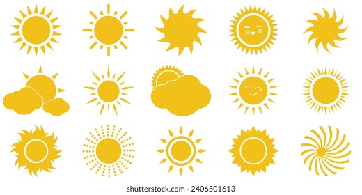 Sun icon set. Vector flat design.Yellow sun star icons.Collection of sun stars for use in as logo or weather icon. Yellow suns circles, bright natural lighting objects.
