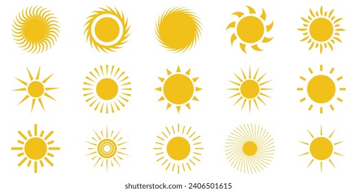 Sun icon set. Vector flat design.Yellow sun star icons.Collection of sun stars for use in as logo or weather icon. Yellow suns circles, bright natural lighting objects.