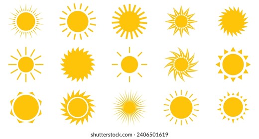 Sun icon set. Vector flat design.Yellow sun star icons.Collection of sun stars for use in as logo or weather icon. Yellow suns circles, bright natural lighting objects.