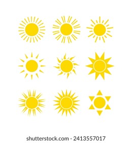 Sun icon set. Vector flat design. Collection of sun stars for use in as logo or weather icon.