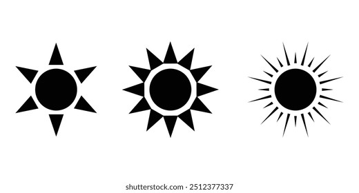 Sun icon set. Vector flat design. Collection of sun stars for use in as logo or weather icon. Yellow suns circles, bright natural lighting objects. design eps 10