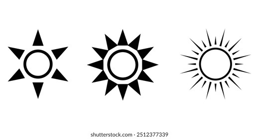 Sun icon set. Vector flat design. Collection of sun stars for use in as logo or weather icon. Yellow suns circles, bright natural lighting objects. design eps 10