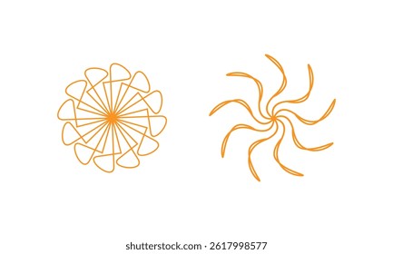 Sun icon set. Vector flat design. Collection of sun stars for use in as logo or weather icon. Yellow suns circles, bright natural lighting objects.