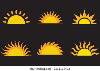 Sun icon set. Vector flat design. Collection of sun stars for use in as logo or weather icon. Yellow suns circles, bright natural lighting objects.