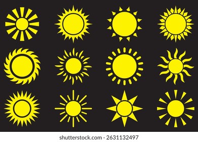 Ensemble d'icônes Sun. Image vectorielle à plat. Collection d'étoiles de soleil à utiliser comme logo ou icône de météo. Cercles de soleils jaunes, objets lumineux et naturels.