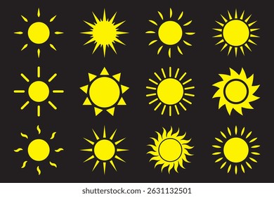 Sun icon set. Vector flat design. Collection of sun stars for use in as logo or weather icon. Yellow suns circles, bright natural lighting objects.