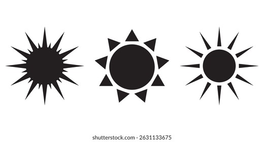 Sun icon set. Vector flat design. Collection of sun stars for use in as logo or weather icon.