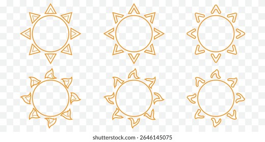 Sun icon set. Vector flat design. Collection of sun stars for use in as logo or weather icon. Yellow suns circles, bright natural lighting objects EPS 10