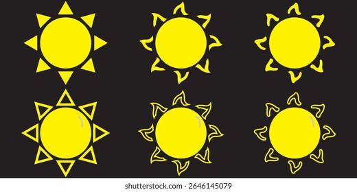 Sun icon set. Vector flat design. Collection of sun stars for use in as logo or weather icon. Yellow suns circles, bright natural lighting objects EPS 10