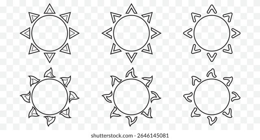 Sun icon set. Vector flat design. Collection of sun stars for use in as logo or weather icon. Yellow suns circles, bright natural lighting objects EPS 10
