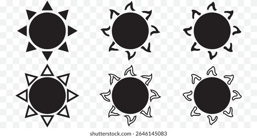 Sun icon set. Vector flat design. Collection of sun stars for use in as logo or weather icon. Yellow suns circles, bright natural lighting objects EPS 10