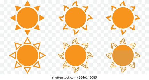 Sun icon set. Vector flat design. Collection of sun stars for use in as logo or weather icon. Yellow suns circles, bright natural lighting objects EPS 10