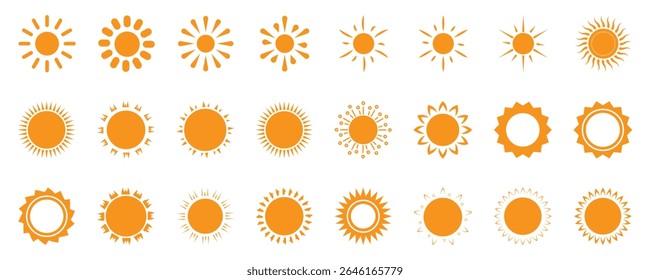 Sun icon set. Vector flat design. Collection of sun stars for use in as logo or weather icon.