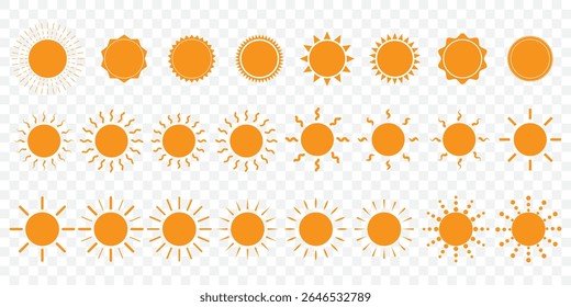 Sun icon set. Vector flat design. Collection of sun stars for use in as logo or weather icon on Transparent Background. EPS 10.