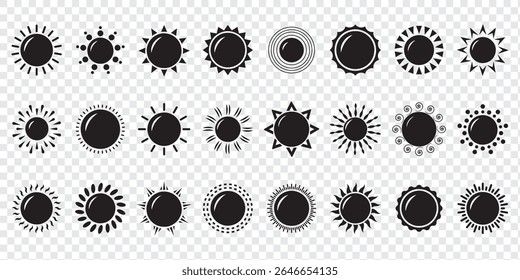 Sun icon set. Vector flat design. Collection of sun stars for use in as logo or weather icon. Yellow suns circles, bright natural lighting objects.
