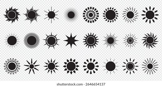 Sun icon set. Vector flat design. Collection of sun stars for use in as logo or weather icon. Yellow suns circles, bright natural lighting objects.