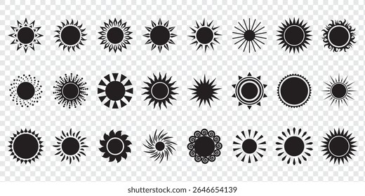 Sun icon set. Vector flat design. Collection of sun stars for use in as logo or weather icon. Yellow suns circles, bright natural lighting objects.