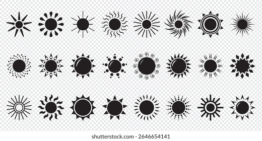 Sun icon set. Vector flat design. Collection of sun stars for use in as logo or weather icon. Yellow suns circles, bright natural lighting objects.