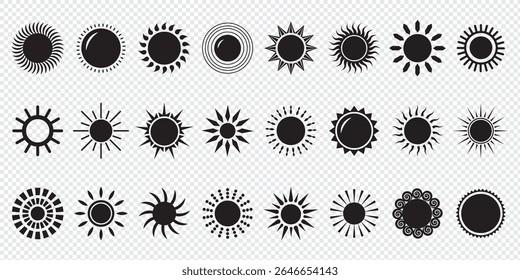 Sun icon set. Vector flat design. Collection of sun stars for use in as logo or weather icon. Yellow suns circles, bright natural lighting objects.