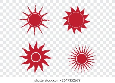 Sun icon set. Vector flat design. Collection of sun stars for use in as logo or weather icon. Yellow suns circles, bright natural lighting objects.