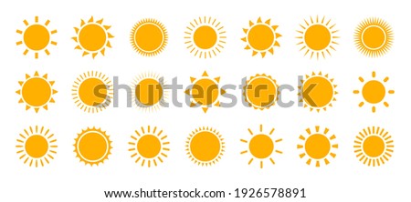 Sun icon set. Vector flat design. Collection of sun stars for use in as logo or weather icon.