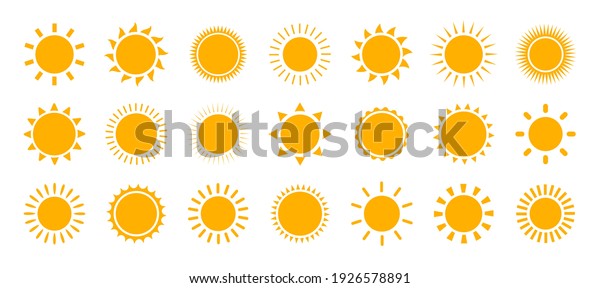 Sun icon set. Vector flat design.\
Collection of sun stars for use in as logo or weather\
icon.