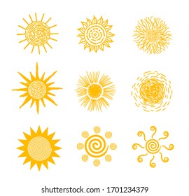 Sun icon set, vector illustration. Hot weather suns collection vector illustration, summer scribbled, sun doodles, hand drawn sunshine objects. 