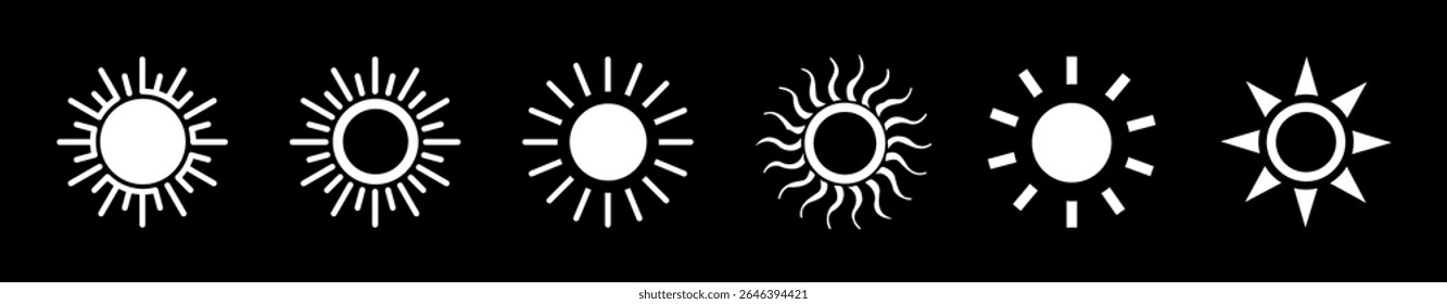 Sun icon set vector illustration, Solar summer icon isolated, Yellow sun symbols,  Shine sun ray set. Sunset icon. Star icons clipart,  Hot solar energy for tan, sun collection, Light sign, heat sign.