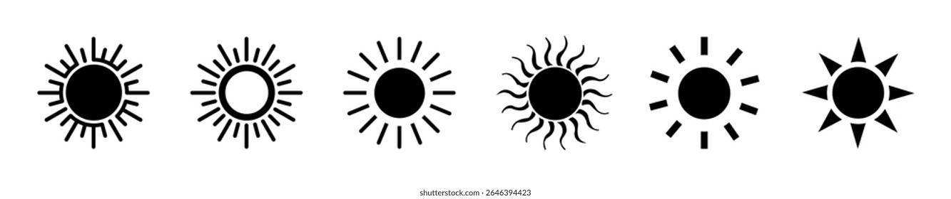 Sun icon set vector illustration, Solar summer icon isolated, Yellow sun symbols,  Shine sun ray set. Sunset icon. Star icons clipart,  Hot solar energy for tan, sun collection, Light sign, heat sign.