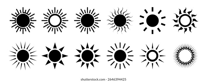 Sun icon set vector illustration, Solar summer icon isolated, Yellow sun symbols,  Shine sun ray set. Sunset icon. Star icons clipart,  Hot solar energy for tan, sun collection, Light sign, heat sign.