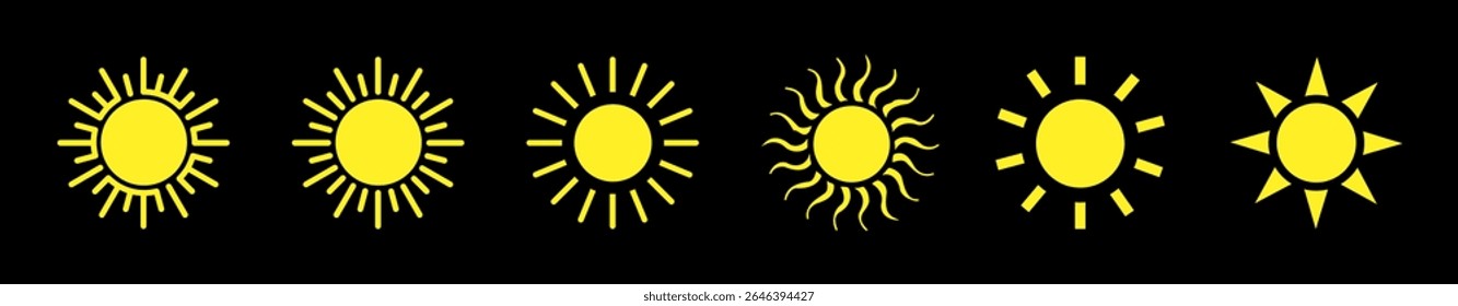 Sun icon set vector illustration, Solar summer icon isolated, Yellow sun symbols,  Shine sun ray set. Sunset icon. Star icons clipart,  Hot solar energy for tan, sun collection, Light sign, heat sign.