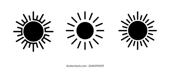 Sun icon set vector illustration, Solar summer icon isolated, Yellow sun symbols,  Shine sun ray set. Sunset icon. Star icons clipart,  Hot solar energy for tan, sun collection, Light sign, heat sign.