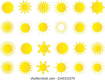Sun-Icon-Set. Wettersonne Symbol. Gelber Sonnenstern. Sommerelemente für Design. Vektorgrafik