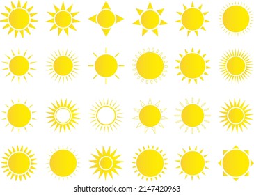 Sun icon set. Weather sun icon. Yellow sun star. Summer elements for design. Vector illustration